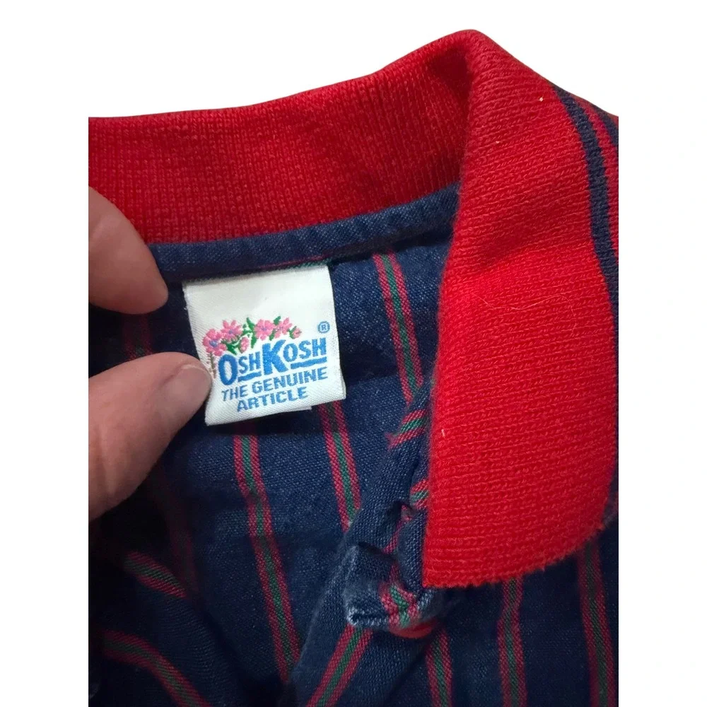 Vintage OshKosh B'Gosh Girls 6 Navy Blue Red Floral Striped Denim Dress USA Made